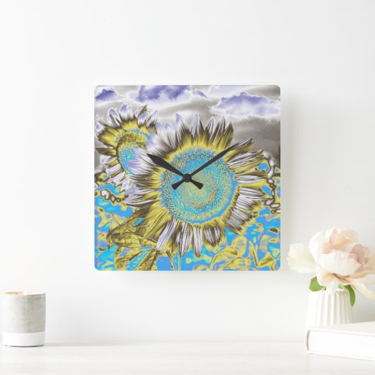 Blauwe zonnebloem 2 vierkante klok (Huis)