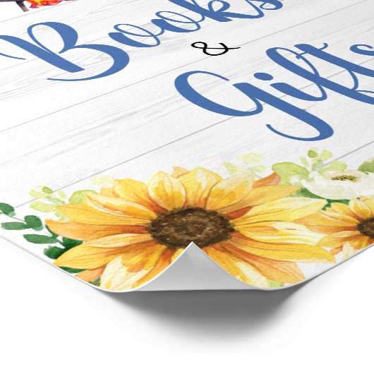 Blauwe Zonnebloem BBQ Baby shower Boeken en gesche Poster (Hoek)