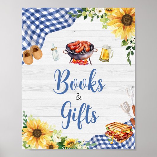Blauwe Zonnebloem BBQ Baby shower Boeken en gesche Poster (Voorkant)