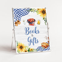 Blauwe Zonnebloem BBQ Baby shower Boeken en gesche