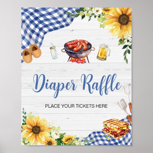 Blauwe Zonnebloem BBQ Baby shower Luier Raffle Poster (Voorkant)