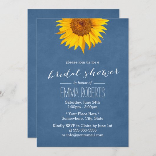 Blauwe zonnebloem Bridal Shower Invitations Kaart (Voorkant / Achterkant)