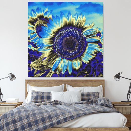Blauwe zonnebloem canvas afdruk (Insitu (Slaapkamer))