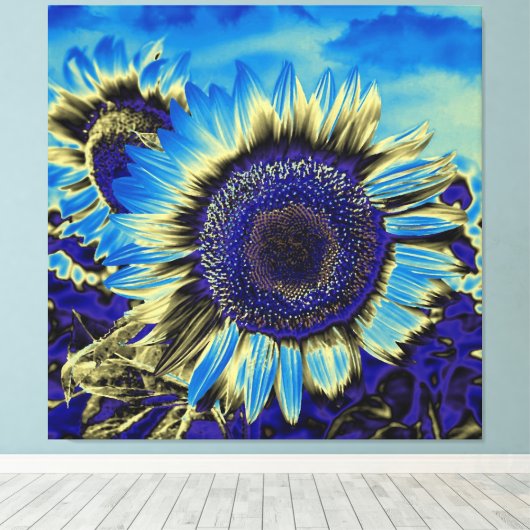 Blauwe zonnebloem canvas afdruk (Insitu (Houten vloer))