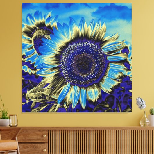 Blauwe zonnebloem canvas afdruk (Insitu (Woonkamer))