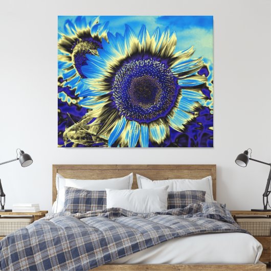 Blauwe zonnebloem canvas afdruk (Insitu (Slaapkamer))