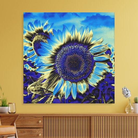 Blauwe zonnebloem canvas afdruk (Insitu (Woonkamer))