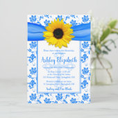 Blauwe zonnebloem Damask First Communie Kaart (Staand voorkant)