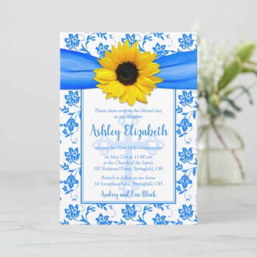 Blauwe zonnebloem Damask First Communie Kaart (Staand voorkant)