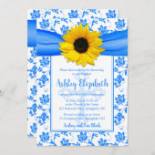 Blauwe zonnebloem Damask First Communie Kaart (Voorkant / Achterkant)