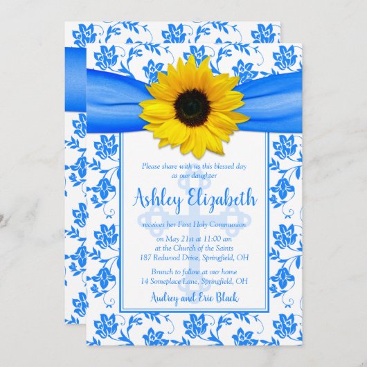 Blauwe zonnebloem Damask First Communie Kaart (Voorkant / Achterkant)