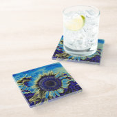 Blauwe zonnebloem glazen onderzetter (Schuin)