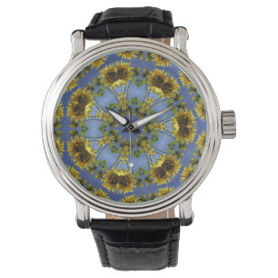 Blauwe zonnebloem Kaleidoscoop lederen riem Horloge