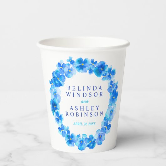 Blauwe zonnebloem met waterverf bruiloft papieren bekers (Achterkant)