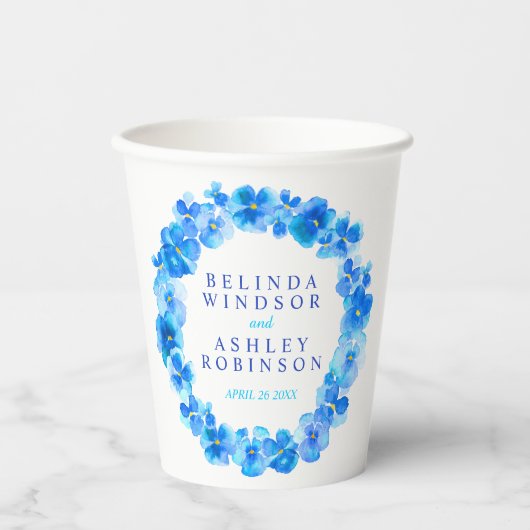 Blauwe zonnebloem met waterverf bruiloft papieren bekers (Voorkant)
