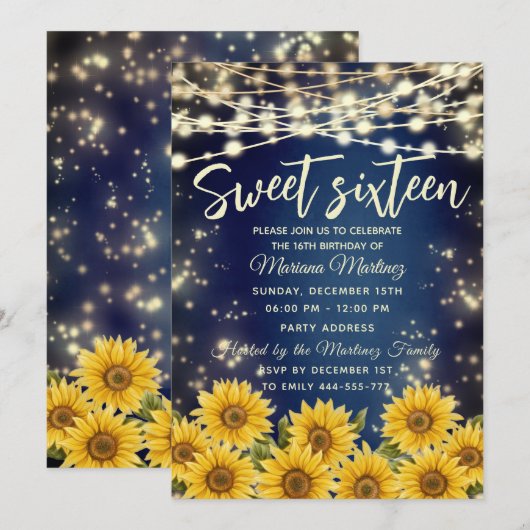 Blauwe zonnebloem  Snaar lichten gouden glans  Kaart (Voorkant / Achterkant)