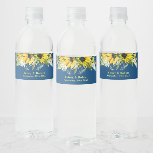 Blauwe Zonnebloem Trouwfles Waterfles Label Etiket (Flessen)