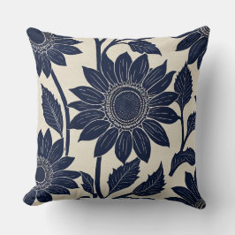 Blauwe Zonnebloemen - Blok print-stijl Kussen