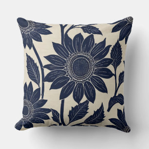 Blauwe Zonnebloemen - Blok print-stijl Kussen