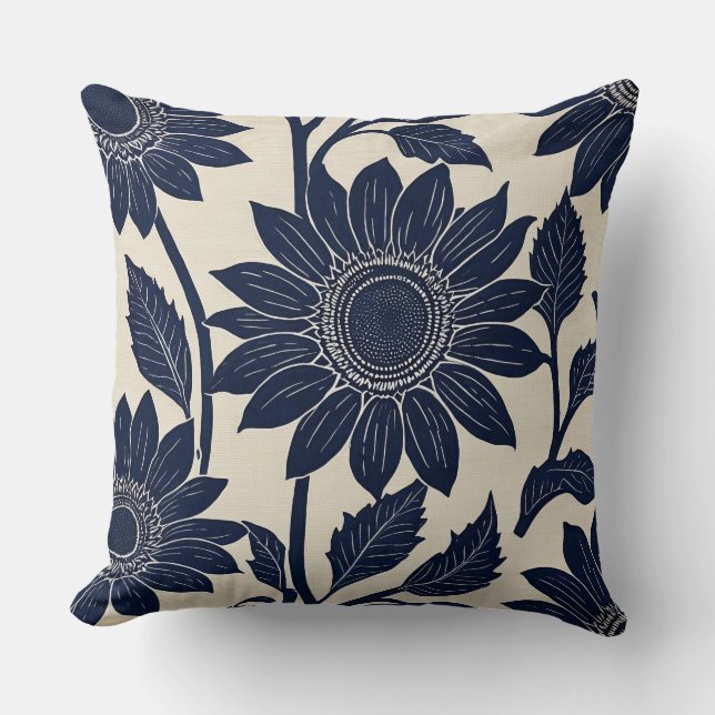 Blauwe Zonnebloemen - Blok print-stijl Kussen (Voorkant)