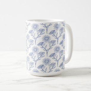 Blauwe zonnebloemen omlijning tekening in inkt koffiemok