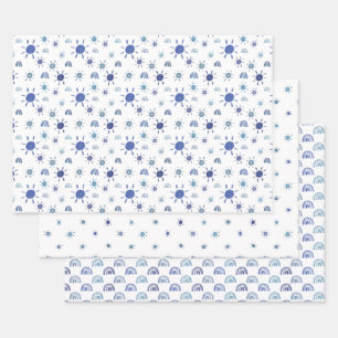 Blauwe zonneschijn en regenboogpapierbladen inpakpapier vel