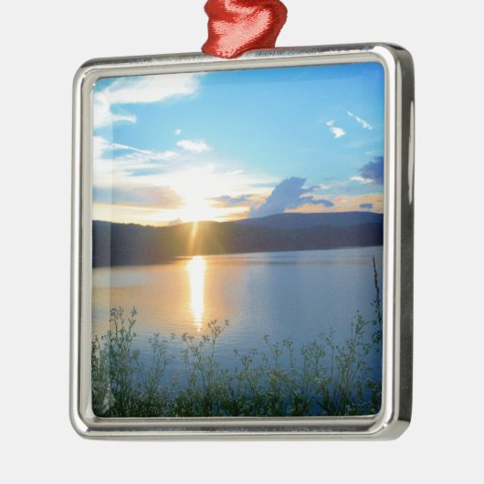 Blauwe zonsondergang op het meer metalen ornament (Links)