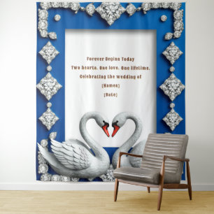 Blauwe Zwaan Hart Frame Trouwthema Wandkleed