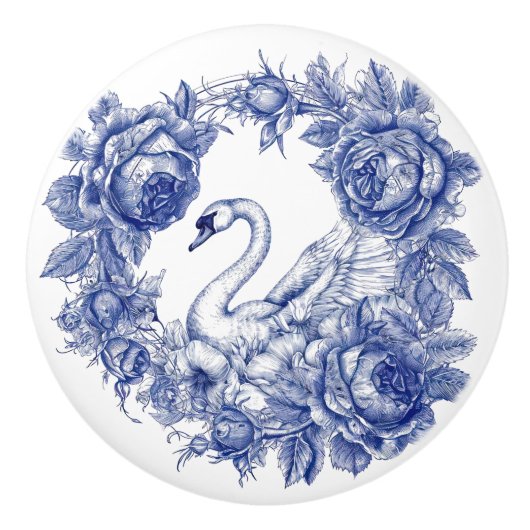 Blauwe Zwaan Roos Bloemenrand Keramische Knop (Voorkant)