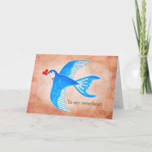 Blauwe zwaluw brengt rood hart naar mijn tweethear kaart