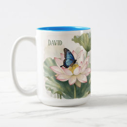 Blauwe Zwaluwstaartvlinder Met Lotusbloem Naam Tweekleurige Koffiemok