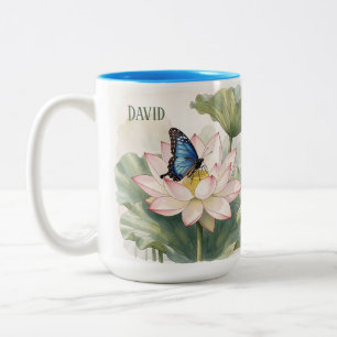 Blauwe Zwaluwstaartvlinder Met Lotusbloem Naam Tweekleurige Koffiemok