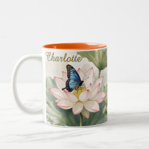 Blauwe Zwaluwstaartvlinder Met Lotusbloem Naam Tweekleurige Koffiemok