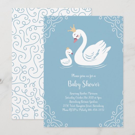 Blauwe Zwanen Baby Shower Vogel met Kroon Kaart (Voorkant / Achterkant)