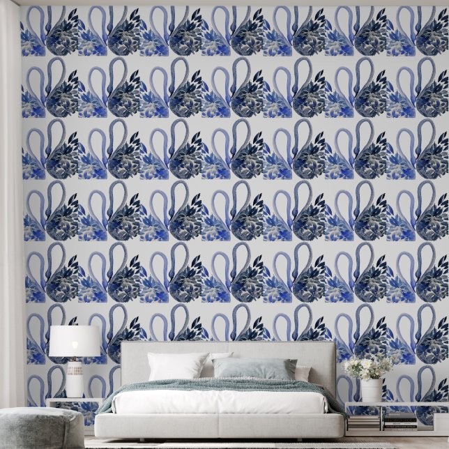 Blauwe Zwanen Watercolor Kunst Behang (Slaapkamer)