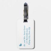 Blauwe zwarte abstracte vlindervliegende bagagelab bagagelabel (Achterkant verticaal)