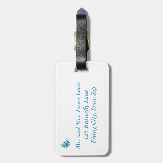 Blauwe zwarte abstracte vlindervliegende bagagelab bagagelabel (Achterkant verticaal)