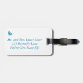 Blauwe zwarte abstracte vlindervliegende bagagelab bagagelabel (Achterkant horizontaal)