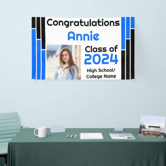 Blauwe & Zwarte Bars Één Foto Afstuderen Spandoek (Beurs)