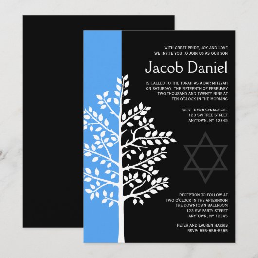 Blauwe Zwarte Boom van Life Bar Mitzvah-uitnodigin Kaart (Voorkant / Achterkant)