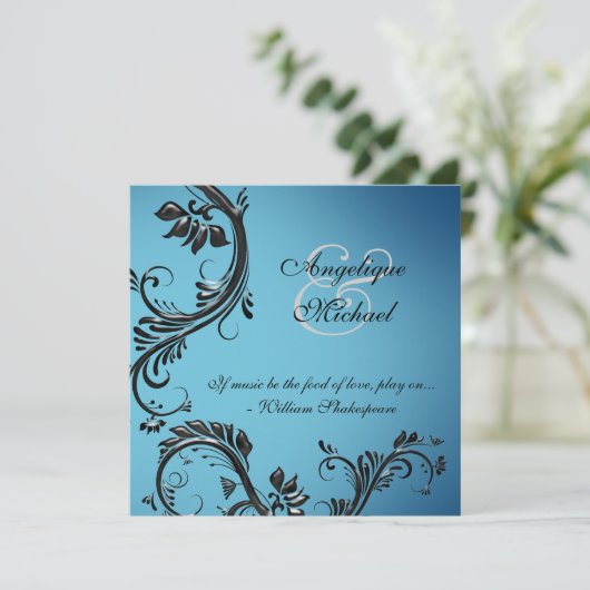 Blauwe zwarte bruiloft verloving kaart (Staand voorkant)