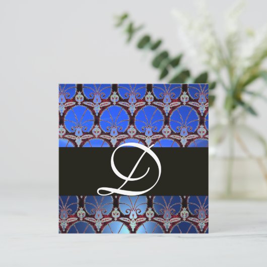 BLAUWE ZWARTE DAMASKCARNATIES MONOGRAM KAART (Staand voorkant)