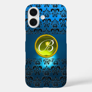 BLAUWE ZWARTE DAMASKGEEL GEM MONOGRAM iPhone 16 HOESJE