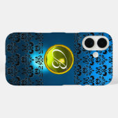 BLAUWE ZWARTE DAMASKGEEL GEM MONOGRAM Case-Mate iPhone CASE (Achterkant (horizontaal))