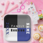 Blauwe, zwarte en witte aangepaste gezinsherenigin papieren bordje (Feest)