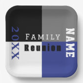 Blauwe, zwarte en witte aangepaste gezinsherenigin papieren bordje (Voorkant)