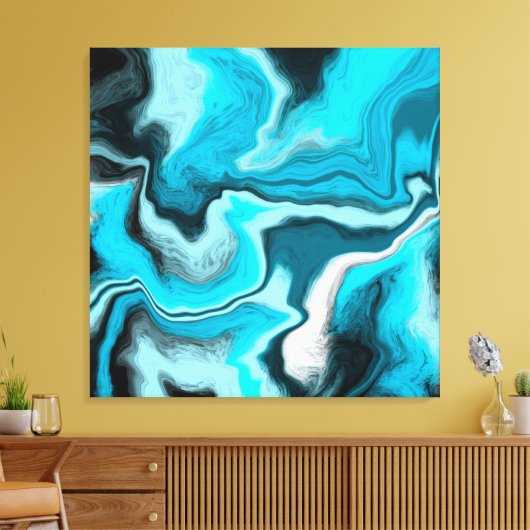 Blauwe, zwarte en witte marmer canvas afdruk (Insitu (Woonkamer))