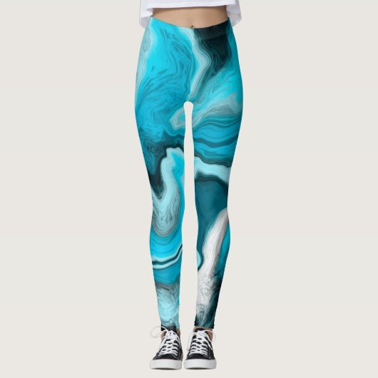 Blauwe, zwarte en witte marmer leggings (Voorkant)