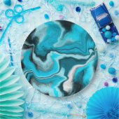 Blauwe, zwarte en witte marmer papieren bordje (Feest)