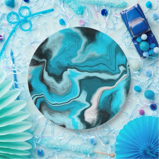 Blauwe, zwarte en witte marmer papieren bordje (Feest)